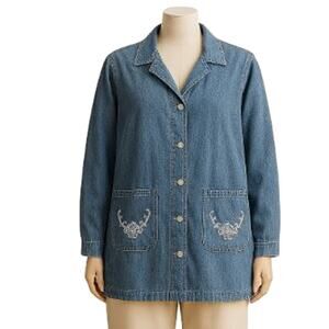 VTG Tudor Court Boho Denim Blazer M Embroidered Pockets Light Wash Relaxed Fit